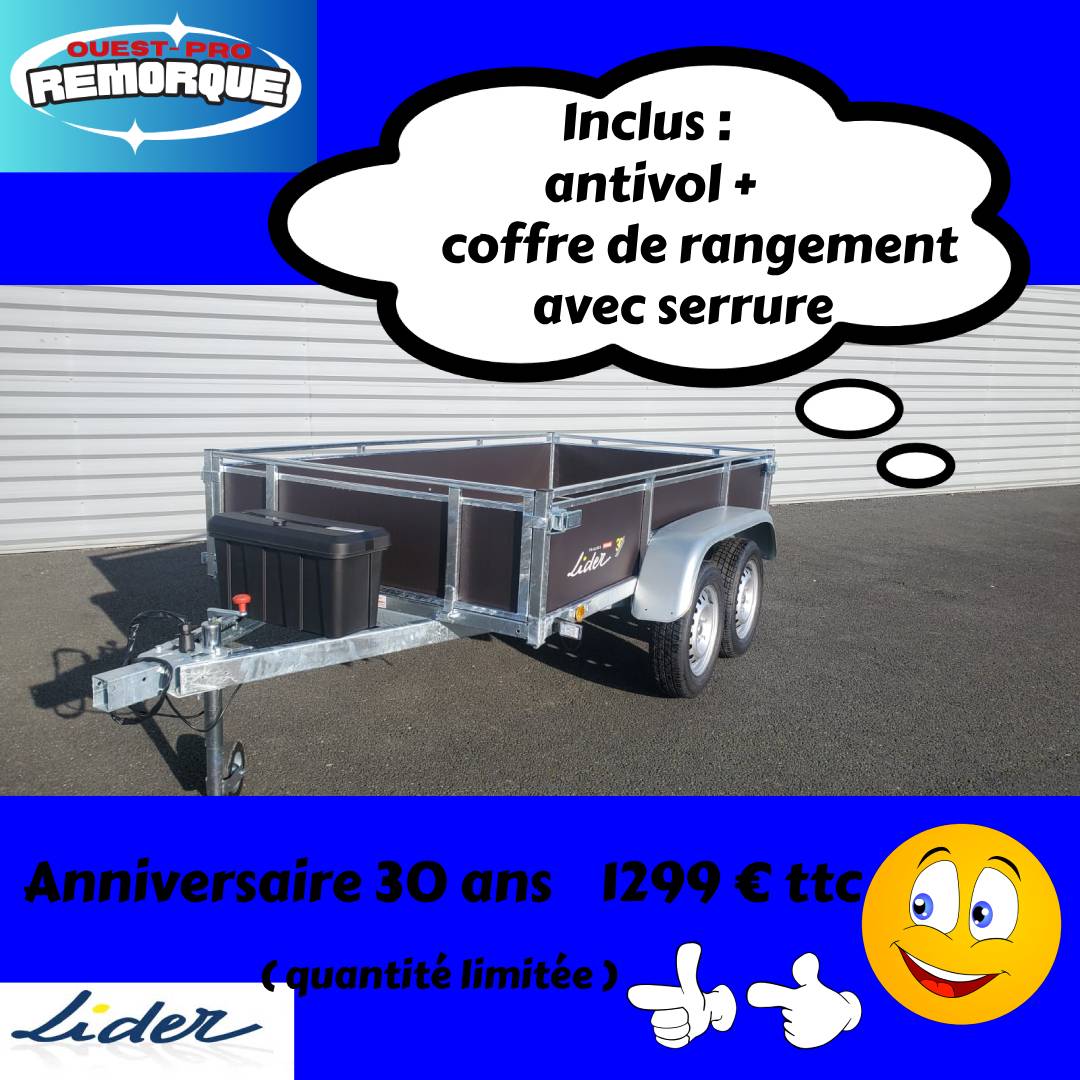 Lire la suite à propos de l’article Remorque Lider bois 43450 / 1299 € TTC  Promo : coffre avant + feux à led + antivol offerts !!!